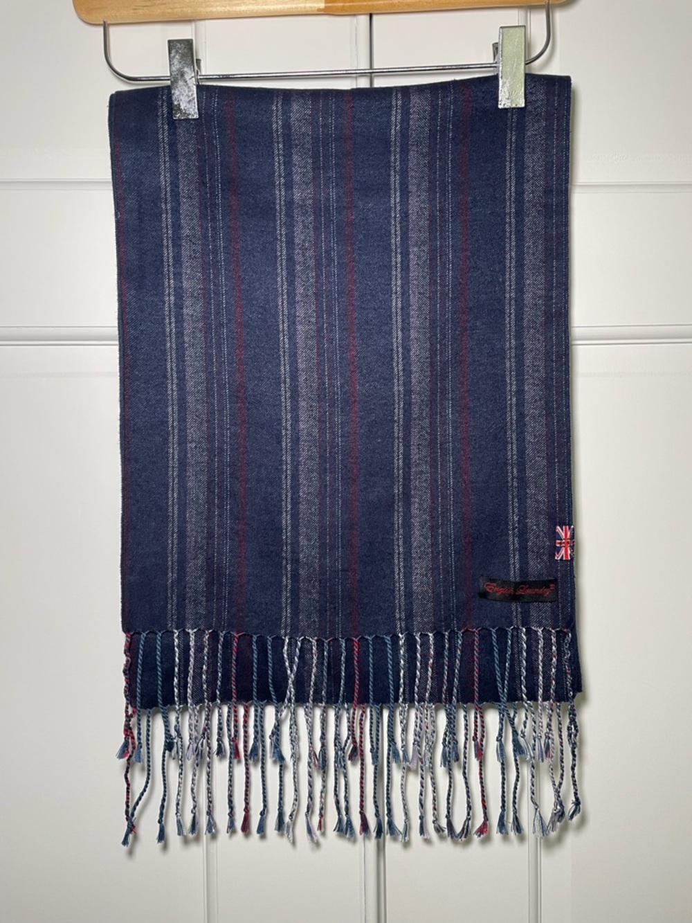 English Laundry 100% Silk Dark Navy Scarf with Gray and Red Stripes